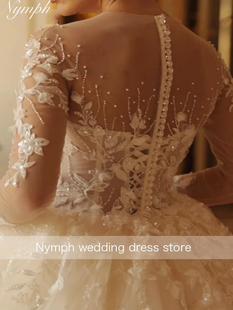 Embroidery Lace Ball Gown Wedding Dresses Glitter Tulle Beading Pearls  Customize Full Sleeves Scoop Bridal Gowns Robe de Mariée