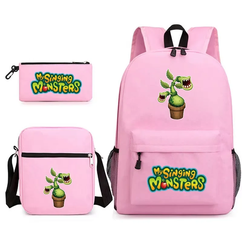 Cartoon Singing Plant Monster Print 3Pcs Backpack Set Student School Bag Include Crossbody Bag Boys Girls Large-capacity Bookbag