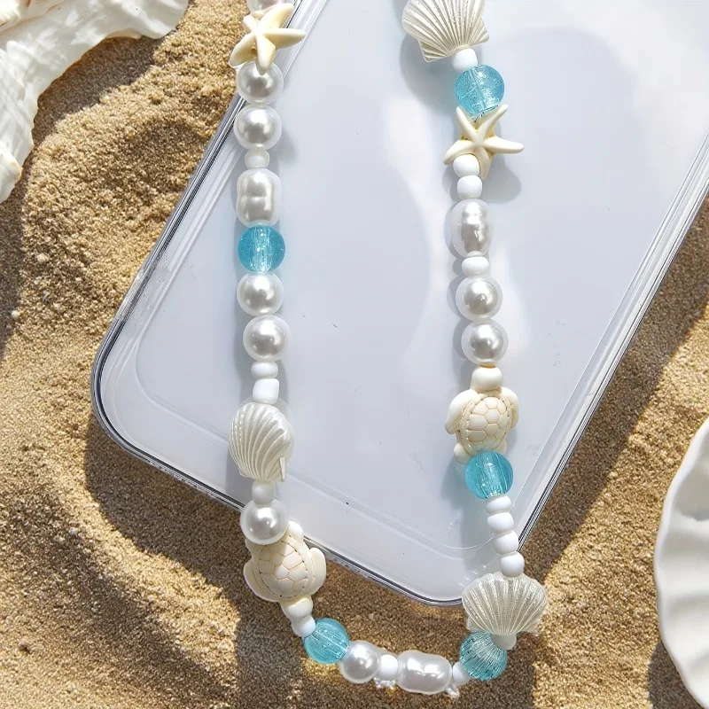 Blue Sea Star Shell Beaded Phone Chain For Phone Case Charm Strap Wrist Trendy Pendant For iPhone Samsung Universal Accessories