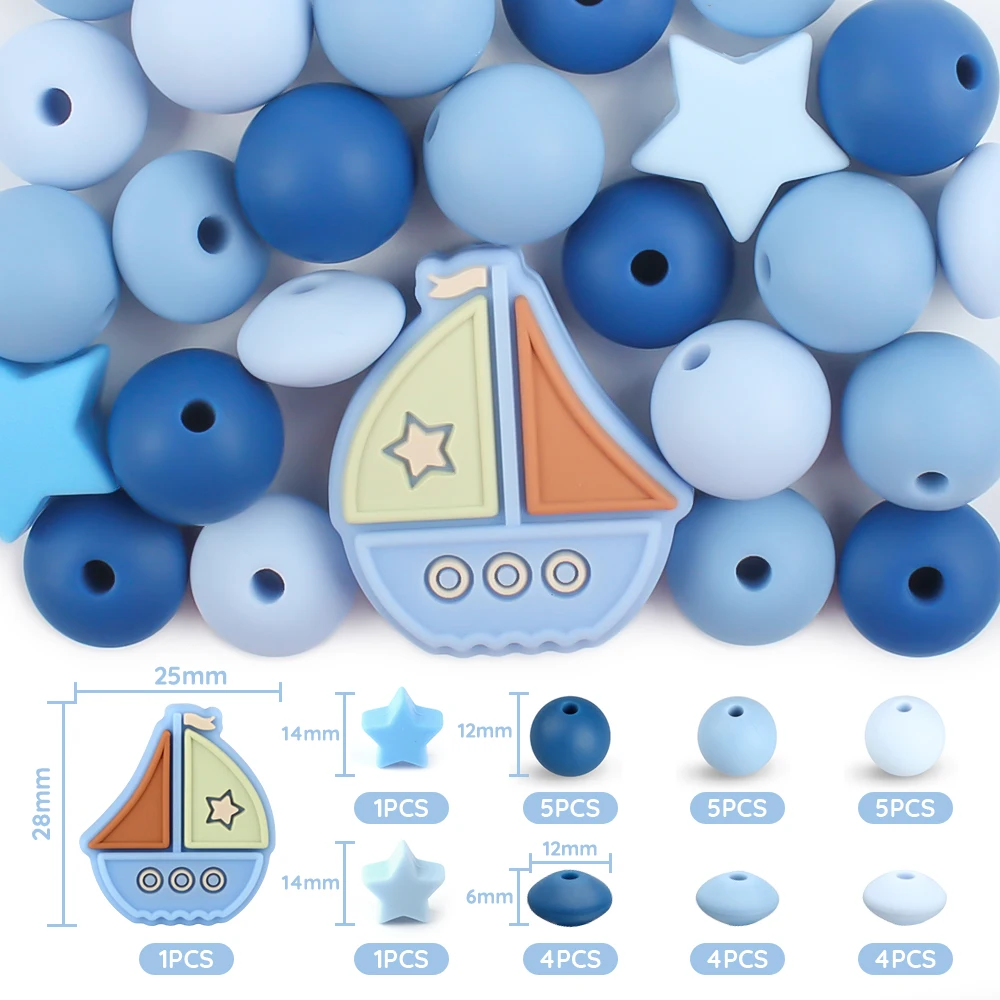 30Pcs/Set Silicone Beads Sailboats Star Round Focal Beads Set DIY Jewelry Set Bracelet Keychain Accessories For Jewelry Making