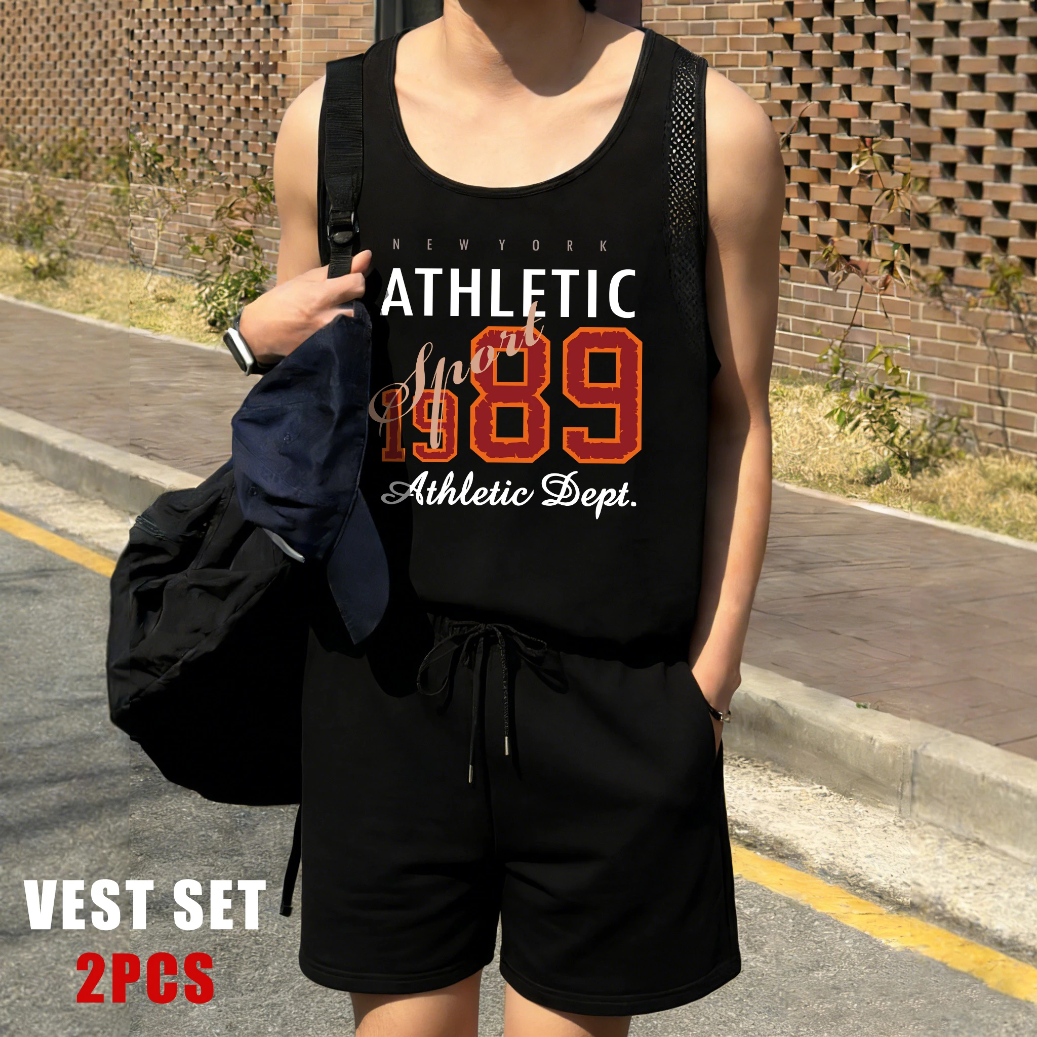 

New York Athletic Sport 1989 Printed Men Reticular Vest Set Summer Drawstring Shorts Basics O-Neck Tee Unisex Fashion Sportset