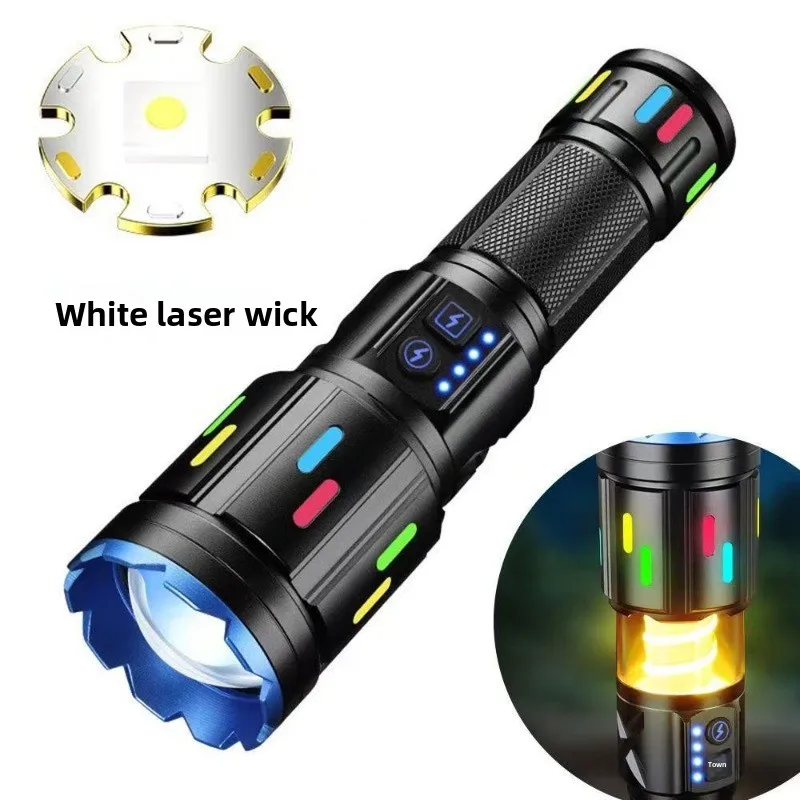 保護機能付きled懐中電灯、キャンプ用ライト、usb充電式、ズーム機能付き、長距離照射可能、デジタル表示付き、アウトドアアクティビティに最適。