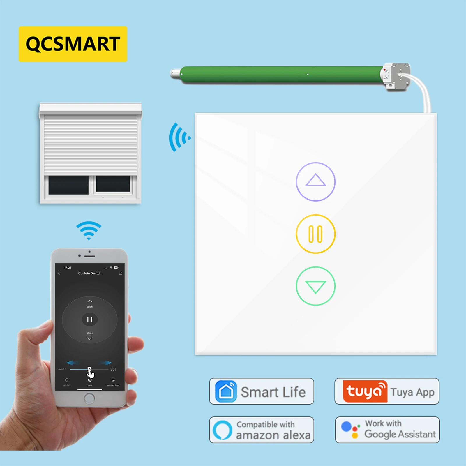 

Умный переключатель для штор QCSMART Tuya с Wi-Fi для роликовых затворов, электрические моторизованные шторы с голосовым управлением от Alexa Google Home