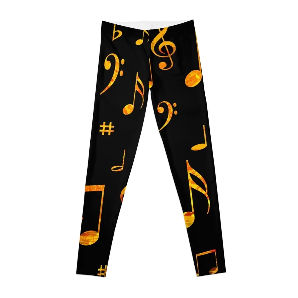 

Musical Notes Pattern Design in Gold on Black Leggings pants legging Womens Leggings