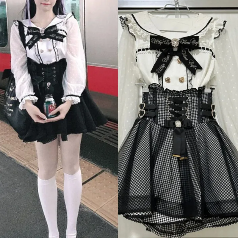 

Bow Plaid Top Dresses Y2K Aesthetic Plaid Bow Set Y2K Kawaii JK Lolita Top Skirt 2 Pcs Outfit For Girls Cute Fun Streetwear New