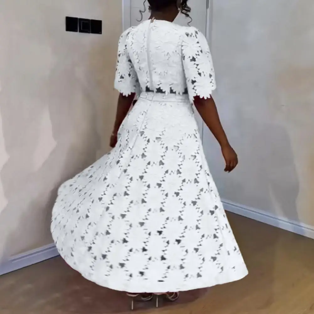 Women's Hollow Out Top + Long Skirt Suit Flower 2 Piece Outfits Short Sleeve Top High Waisted Maxi Skirt Set Summer Vacation Set