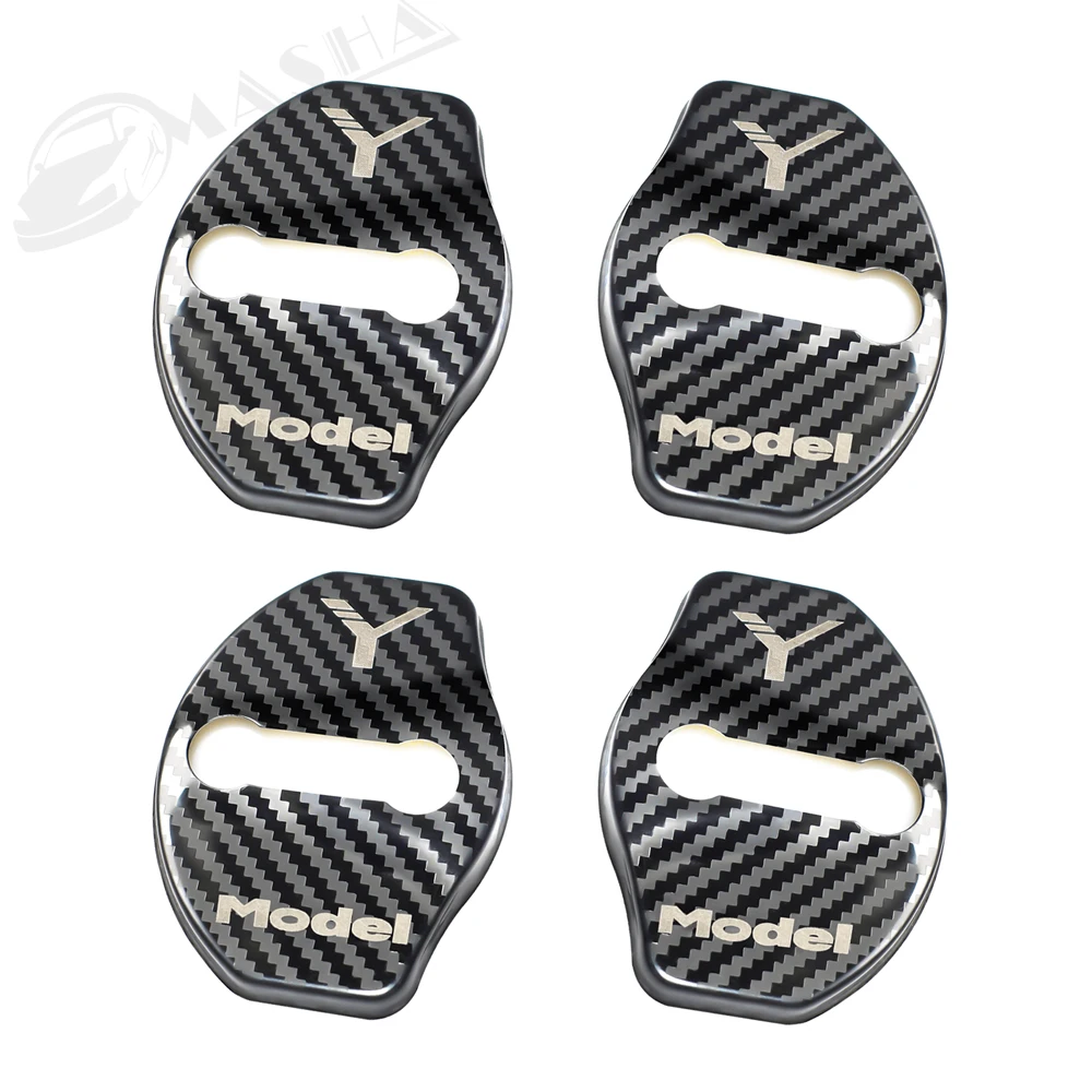 4PCS Carbon Fiber For Tesla Model 3 Y 2017 - 2023 Car Door Lock Cover Stainless Steel For Door Guard Lock Interior Accessories