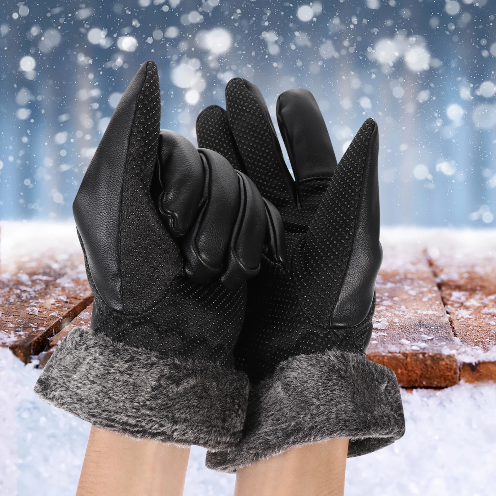 1Pair Touch Screen Winter Warm Gloves Durable PU Cycling Unisex Black Winter Warm Gloves Touch Screen Glove for Cycling