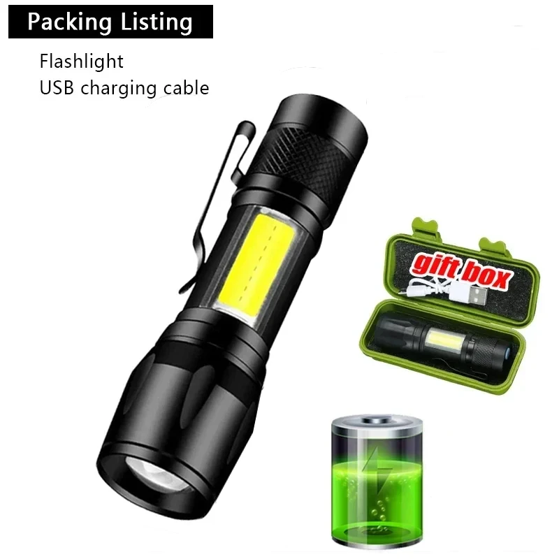 Mini lanterna cob + xpe portátil tocha de carregamento usb lanterna acampamento zoomable foco luz lanterna tática com clipe caneta