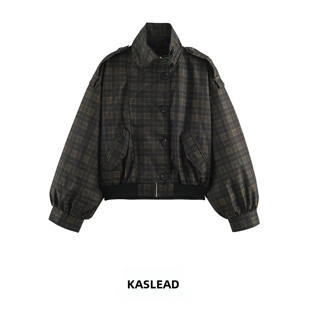 KASLEAD Women's Plaid Pilot Jacket Short Outerwear Long Sleeve Polyester Fiber Button Closure Autumn Fashion 2026