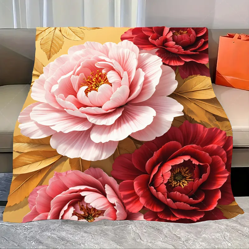 

1pc Flannel Blanket Elegant Floral Peony Blanket for Cozy Living Room Decor