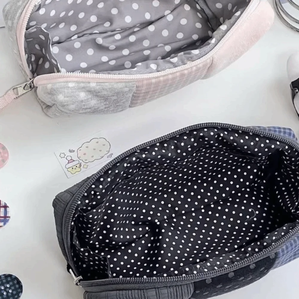 Patchwork Design Pencil Case Polka Dot Large Capacity Stationery Bag Japanese Style Plaid Pattern Patchwork Pencil Case