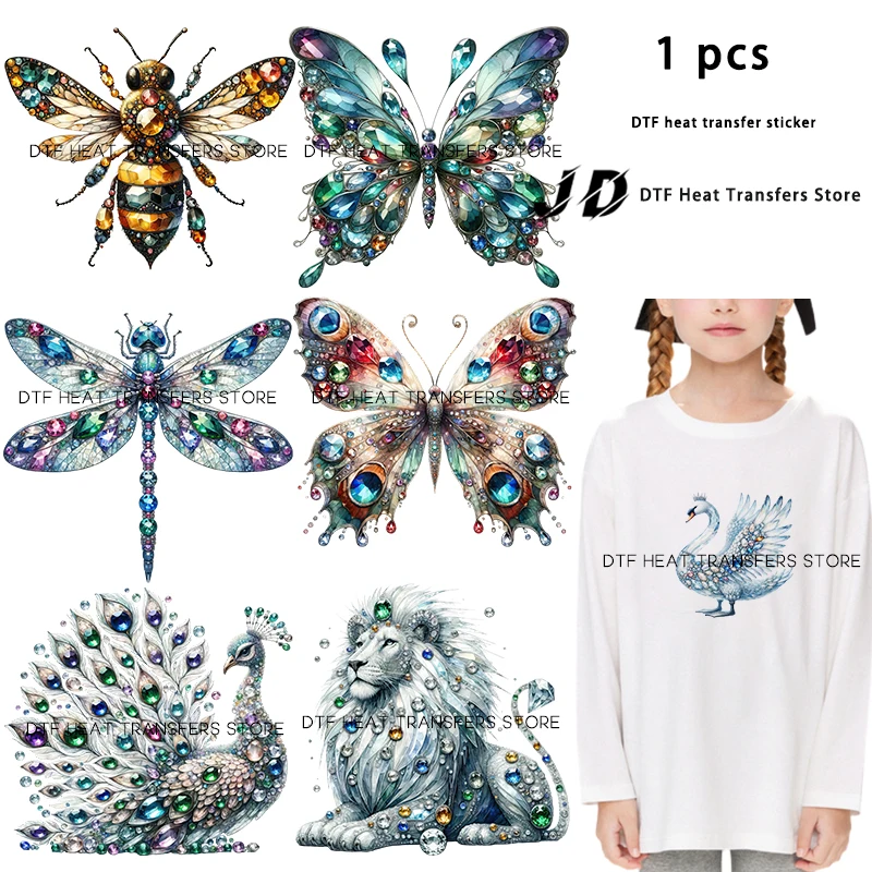 Animal dragonfly lion gemstone inlay iron on heat transfer dtf transfers ready to press Clothes patches for Children's clothing