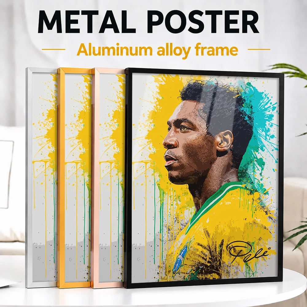 Pelé Portrait Metal Poster With Aluminum Alloy Frame Personalized Paint Splatter Wall Art For Home Office, Football Fan Gift