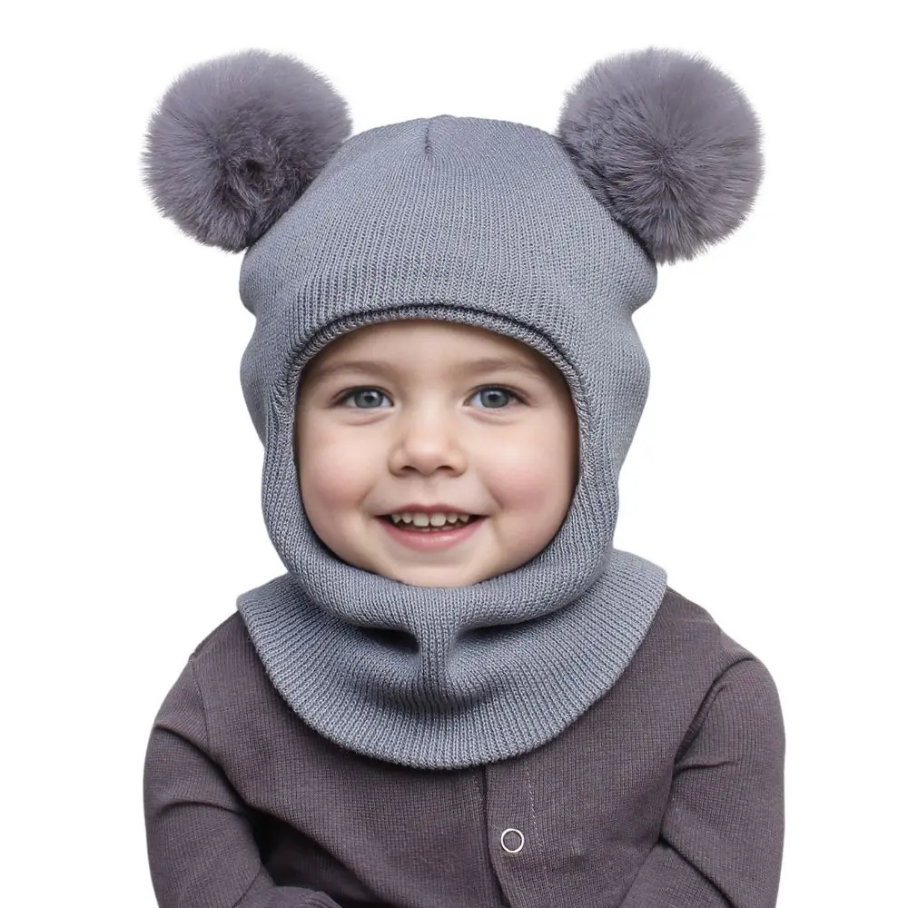 

New Cute Balaclava Hats Children Ear Protection One-piece Hat Scarf Double Balls Boys Girls Pompom Ball Wool Cap