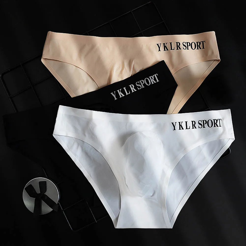 Men's Transparent Underwear Ice Silk Ball Pouch Panties Letter Seamless Ultra Thin Summer Breathable Low Waist Triangle Pants