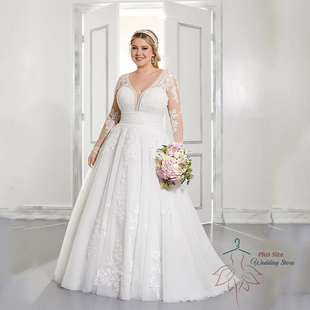 Exquisite Wedding Dresses Plus Size V-Neck Long Sleeves Empire Bride Gowns Lace Applique Sweep Train A-Line Robe De Mariée 2023