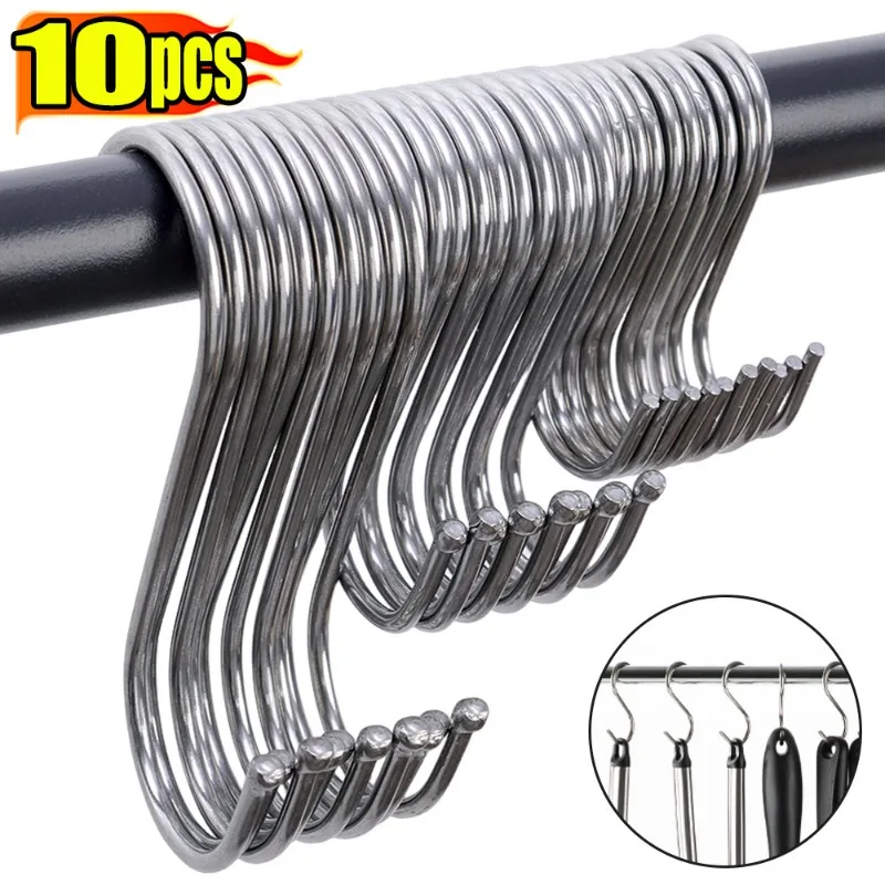 10PCS S-Shape Hook Stainless Steel Clothes Bags Towel Plant Hanging Rack Multi-function Kitchen Bedroom Railing S Hanger Hooks