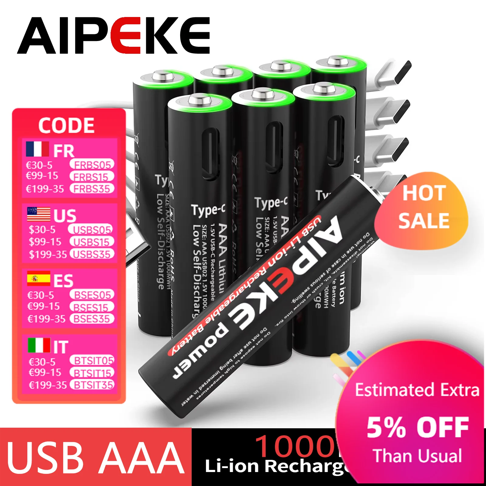 AIPEKE 1,5 V USB 1000mWh batería de litio aaa baterías recargables Aaa con Cable USB 4 en 1 para máquina de juego con Detector de humo