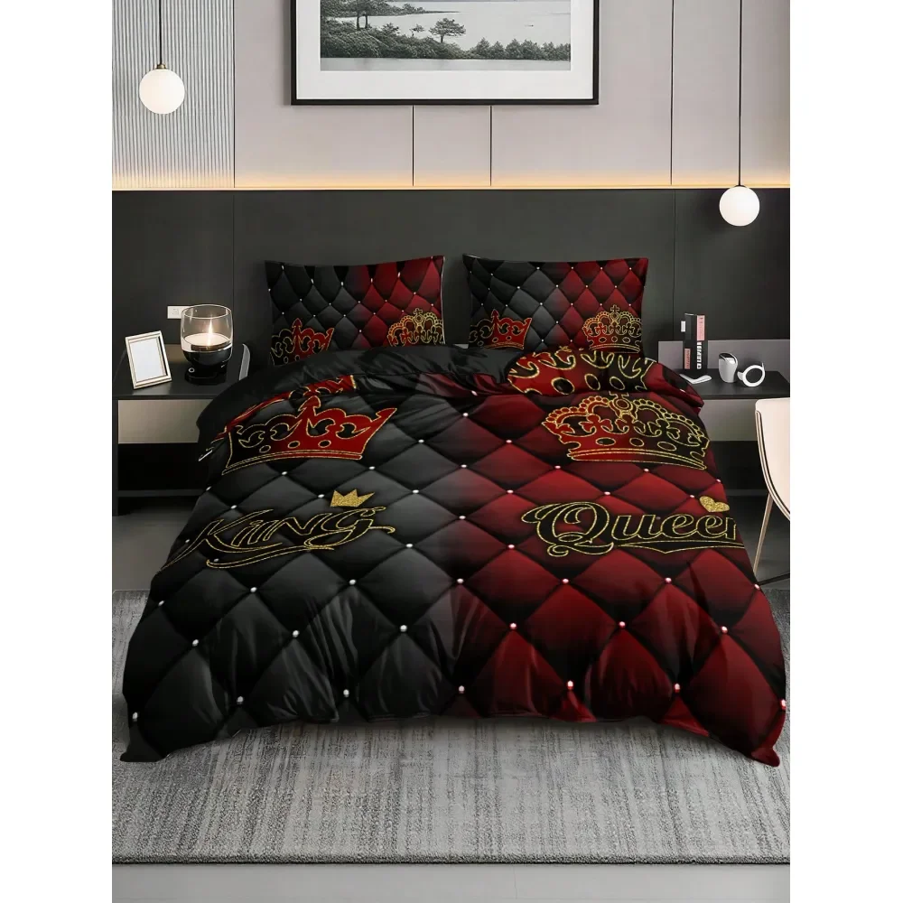 

3pcs King Queen Luxury Dark Red Gold Crown Duvet Cover Set 1 Duvet Cover 1 2 Pillowcase, Pillow Insert Not Included, High Defin
