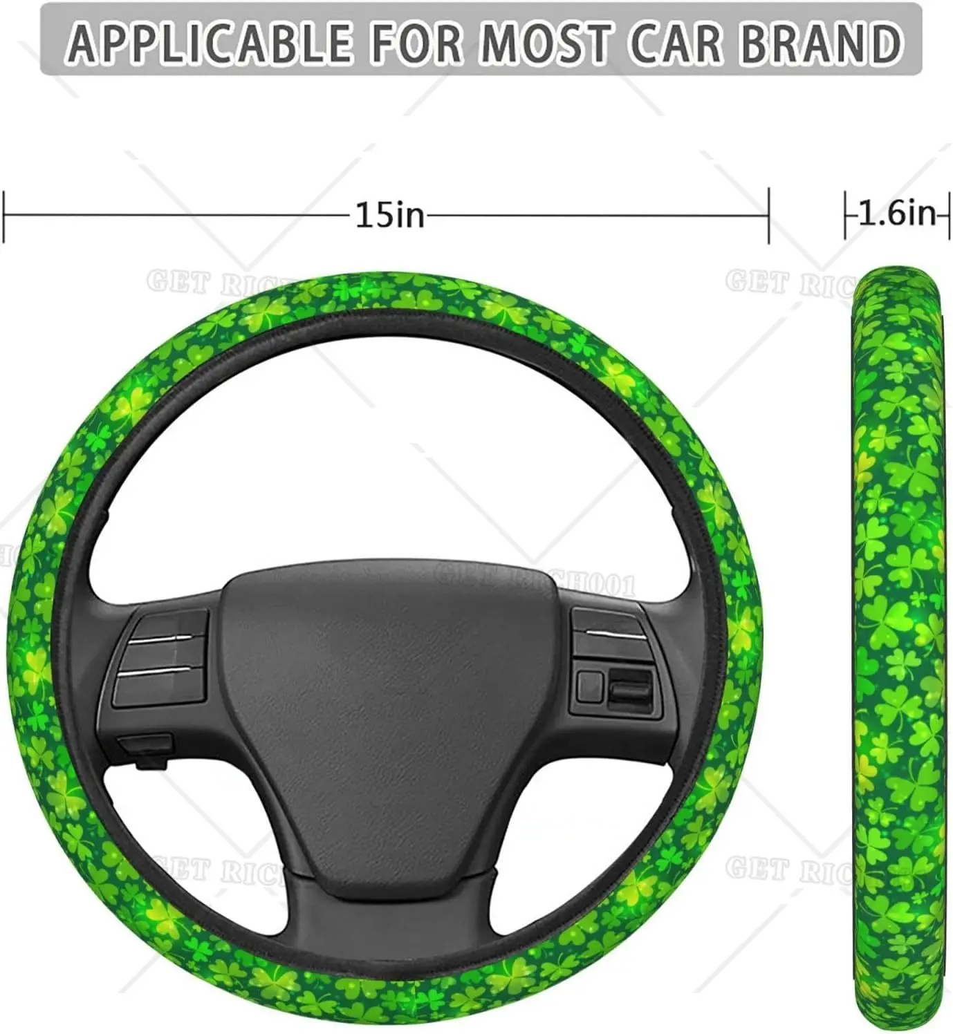 럭키 클로버 세인트 패트릭의 스티어링 휠 커버, 미끄럼 방지 탄성 자동차 액세서리, 스티어링 휠 보호대, 범용 15 인치