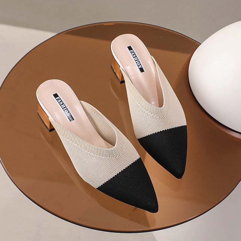 Summer And autumn Popular Fashion Pointed toe Knitted elastic Retro Wrap head half slippers Versatile thick heel cool Slippers
