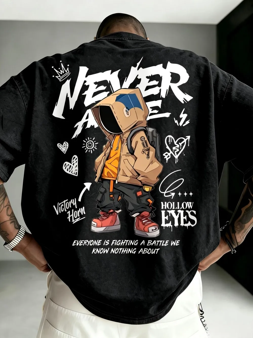 American men's summer cartoon cardboard box letter graffiti print soft and breathable round neck T-shirt outdoor street top