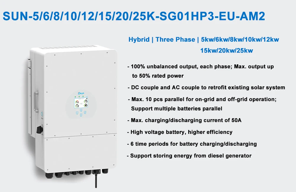 Système solaire à usage domestique avec onduleur hybride Deye Power, invitation, 5KW, 6KW, 8KW, 10KW, 12KW, 15KW, 20KW, 25KW, 2024