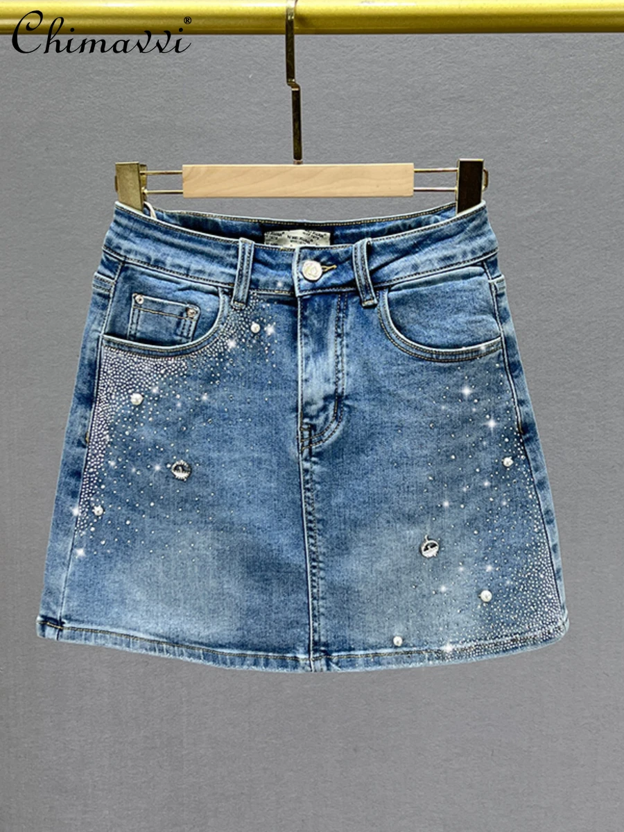 European Style Denim Skirt for Women 2022 New Summer Fashion Stretchy High Waist Slimming Elegant Rhinestone Short Hip Skirts