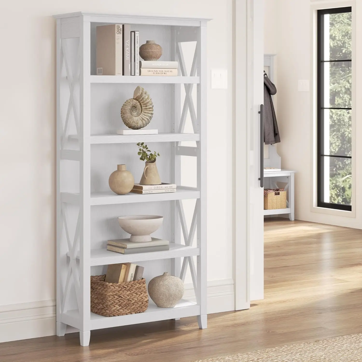 West Tall Estante para Estante, Bush Móveis Key, Pure White Oak, 5 Shelf