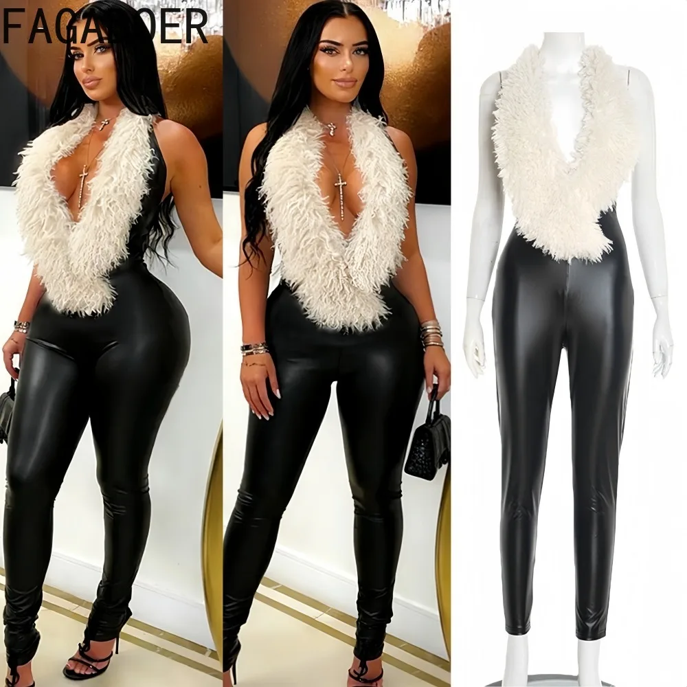 

FAGADOER Sexy Leather Fur Patchwork Bodycon Jumpsuits Women Deep V-neck Backless Lace Rompers Female Clubwear Overalls 2025 New