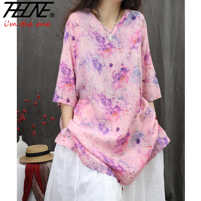 THHONE New Fashion Summer Woman Blouse 2025 Floral Pullover V-Neck Print Elegant Vintage 3/4 Sleeves Korean Style Loose Shirts