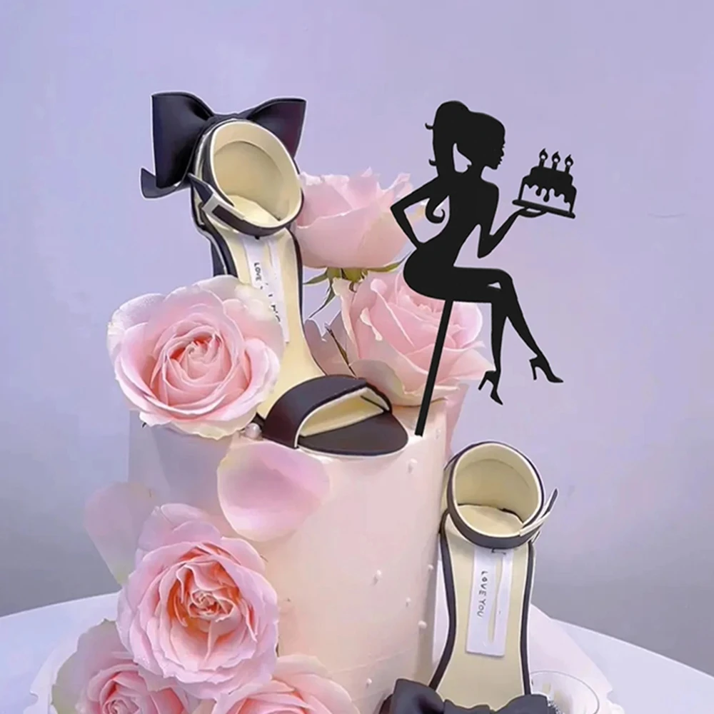 INS Black Acrylic Happy Birthday Cake Topper High Heels Lady Girl Cake Toppers Dessert Birthday Cake Decoration Party Supplies