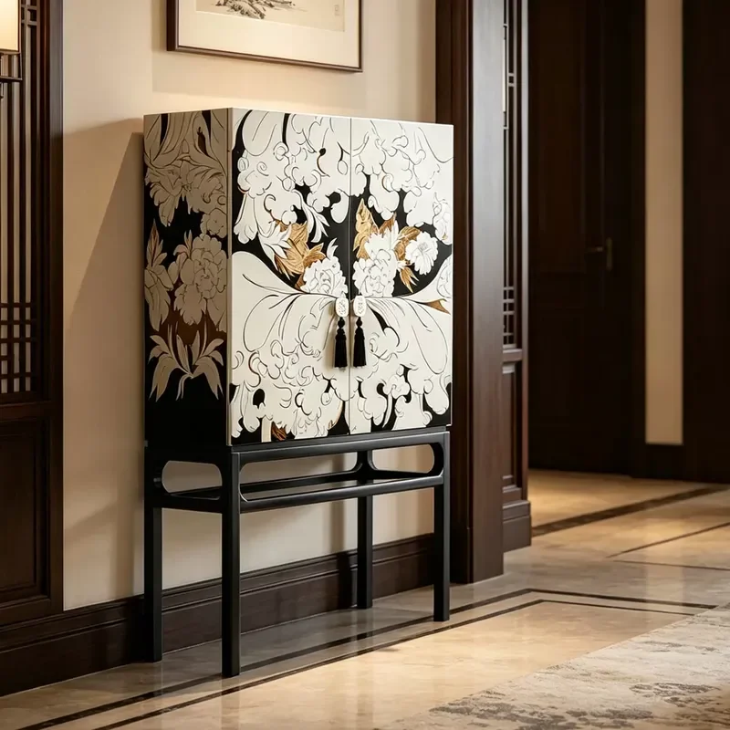 New Chinese Style Peony Flower and Bird Pattern Solid Wood Double Door Entrance Cabinet High Storage Cabinet for Living Room