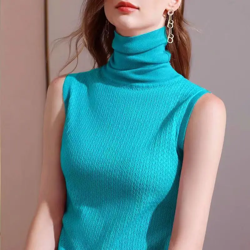 Wholesale Sleeveless Turtleneck Top Vest Base Slim Pullovers Women 2023 New Spring Autumn Short Solid Thin Knitted Tops