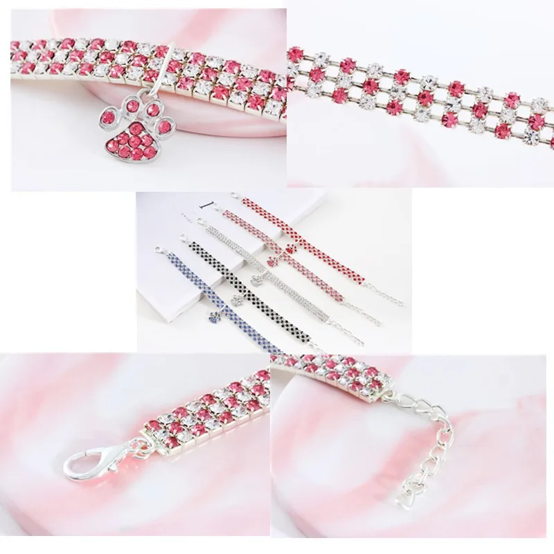 Bling Rhinestone Pet Collar Cat Paw Design Elastic Dog Cat Necklace Mixed Color Crystal Jewelry for Small Pet Dogs Cats Puppy