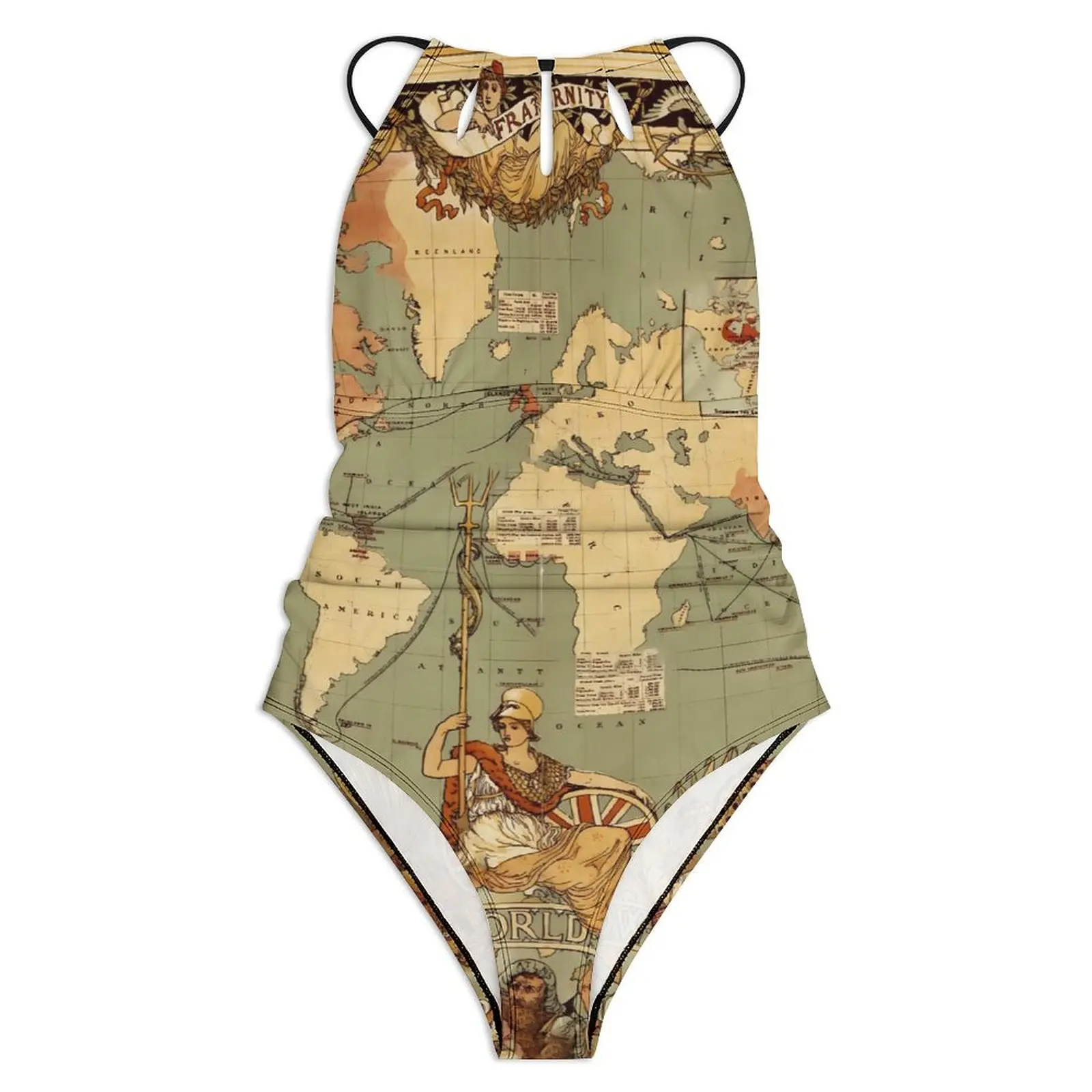 World Map Swimsuit Sexy Antique 1886 Women Swimwear One-Piece Kawaii Bodysuit Surfing Push Up Halter Monokini