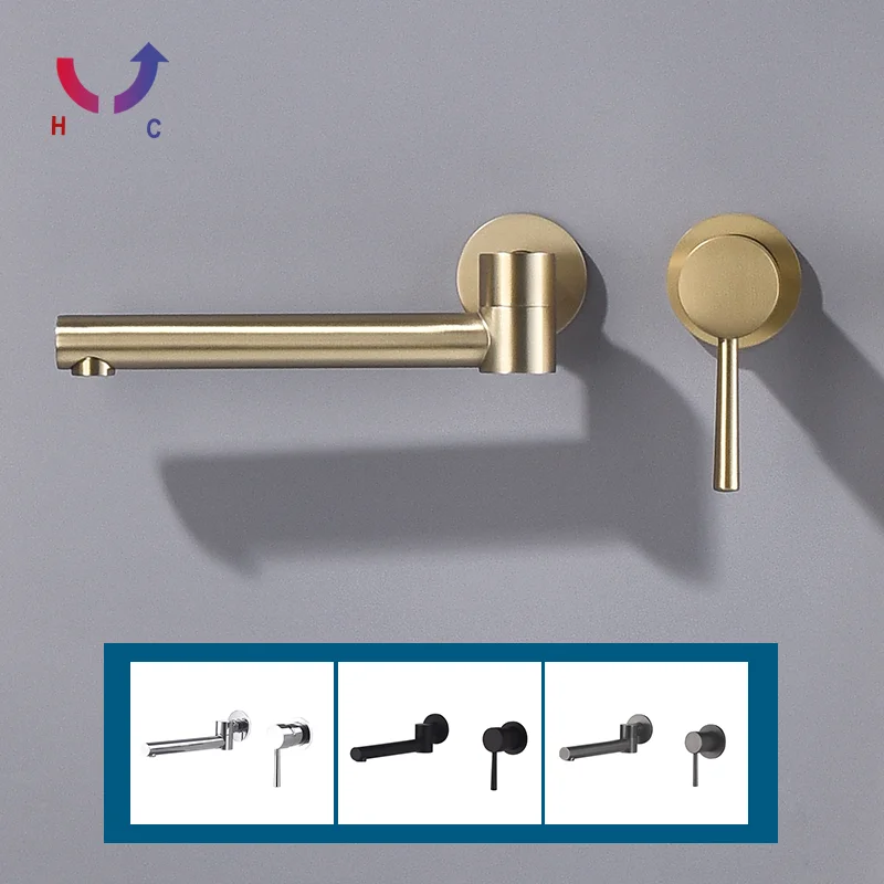 Brass Wall-Mounted Basin Faucet Sink Saucet Brushed Gold Bathroom Single Handle Hot And Cold Water Embedded Swivel Faucet