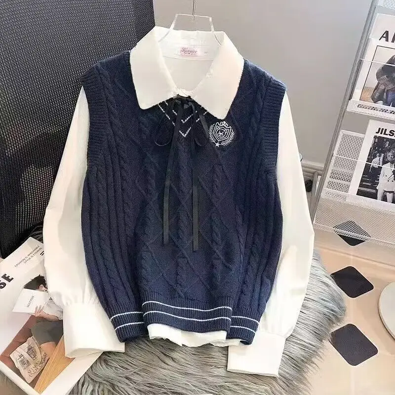 

Korean Spring Autumn Preppy Style Loose V-Neck Contrast Color Knitted Vest Tank Top All-match White Shirt Women's Two-piece