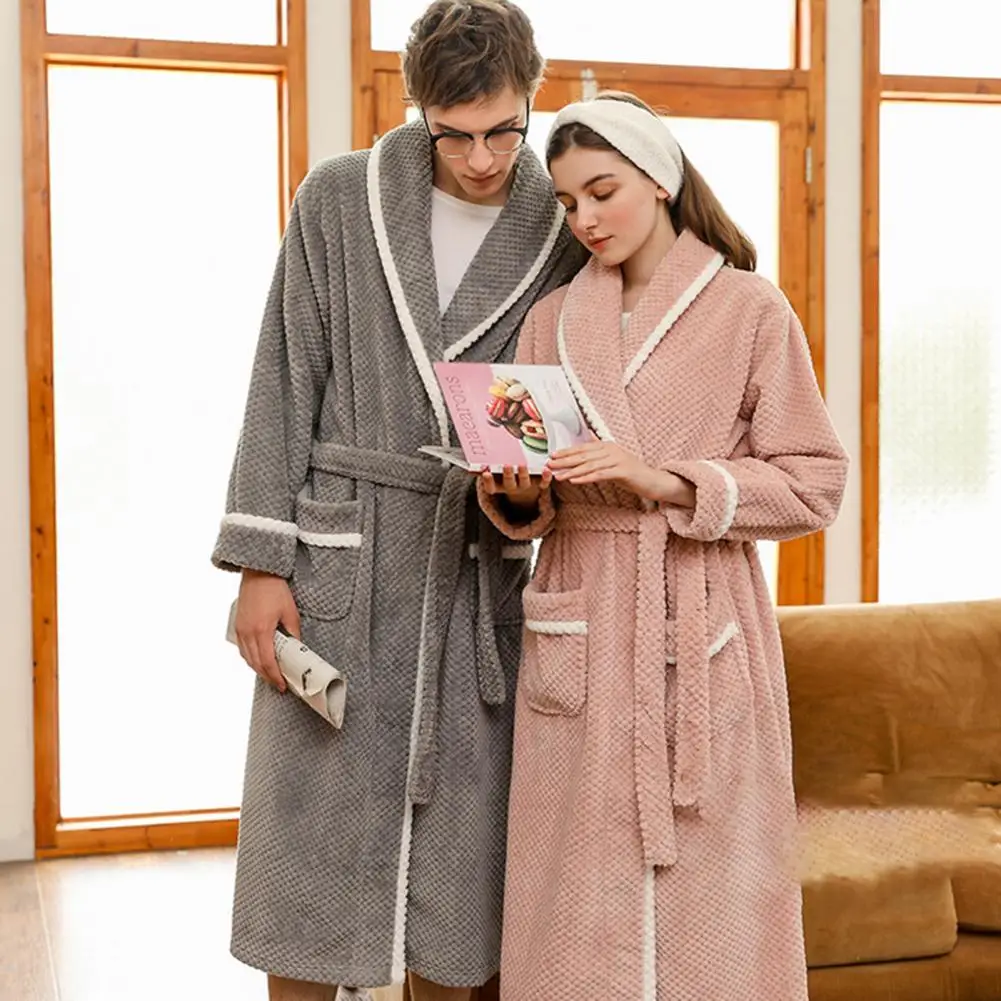 Large Size Couple Flannel Robe Winter Thickened Coral Fleece Sleepwear Long Bathrobe Gown Burgundy Home Wear Wedding Party Gift