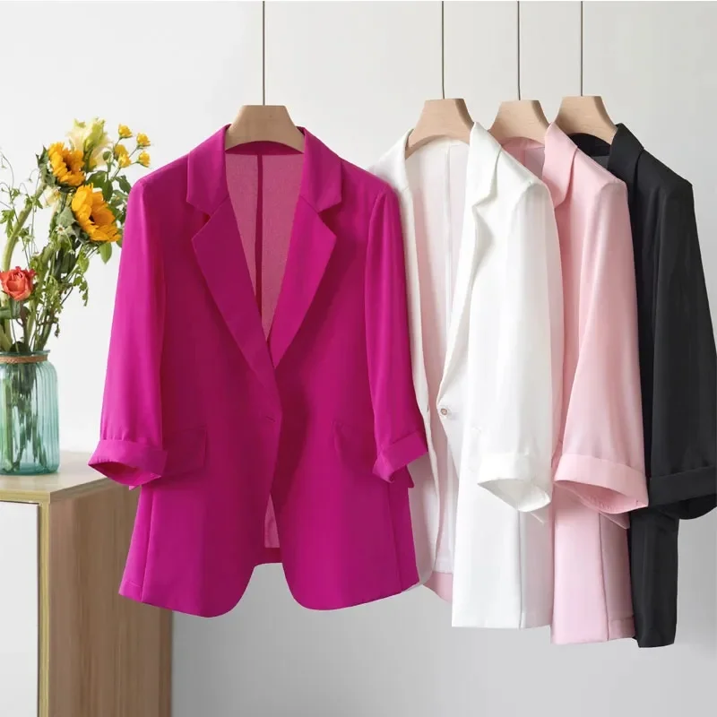 Women Solid Blazers Coat Fashion Slim Suits Female Casual Three-Quarter Sleeve Chic Tops Thin Office Lady Blazer Spring Summer