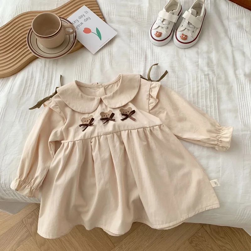 Children Girl Bear Clothes 0-6Years Toddler Kid Long Sleeve Peter Pan Collar Shirt Bow A-line Dress Suspender Pant Overall Set