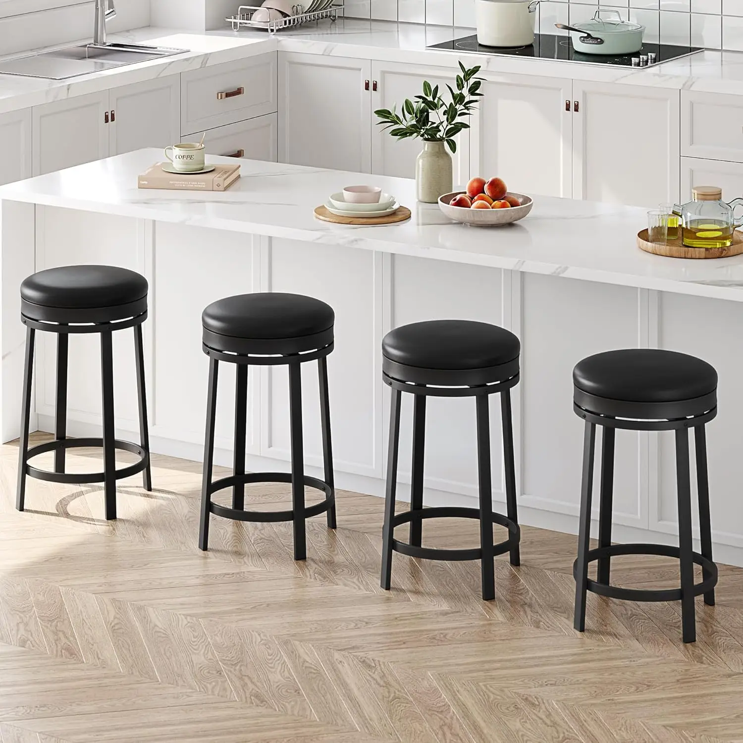 

24'' Swivel Bar Stools Set of 4 with Footrest, Modern Counter Height Barstools with PU Leather Upholstered and Metal