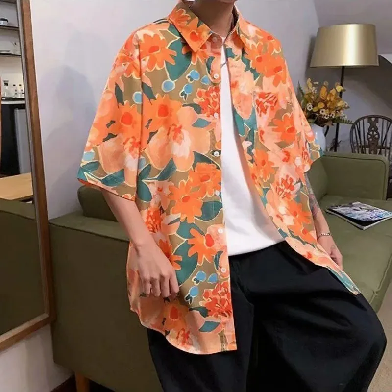 

Men's Orange Floral Print Short Sleeve Shirt Casual Loose Fit Button Down Beach Shirt