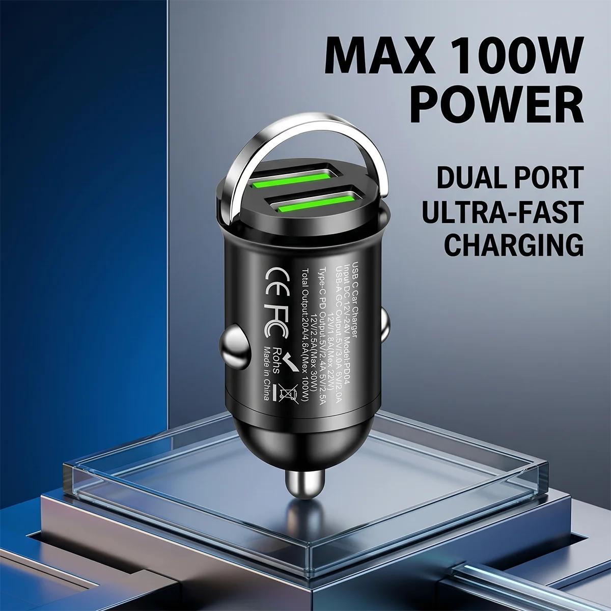 Mini Pull Ring Car Charger 100W Dual Port USB A QC Fast Charging Flush Fit Adapter Intelligent Circuit Protection Vehicle Use