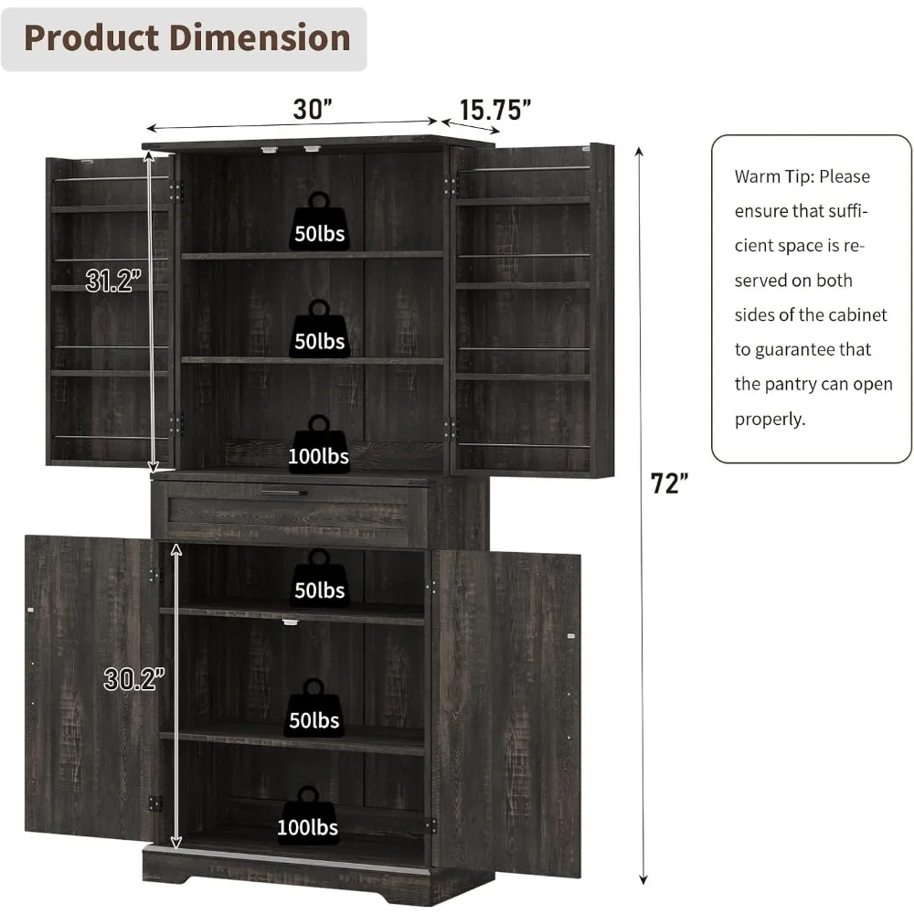 خزانة تخزين المطبخ مقاس 72 بوصة، وخزانة تخزين طويلة مع 8 أرفف أبواب، وخزانتين ودرج واحد، وخزانة قائمة بذاتها #2