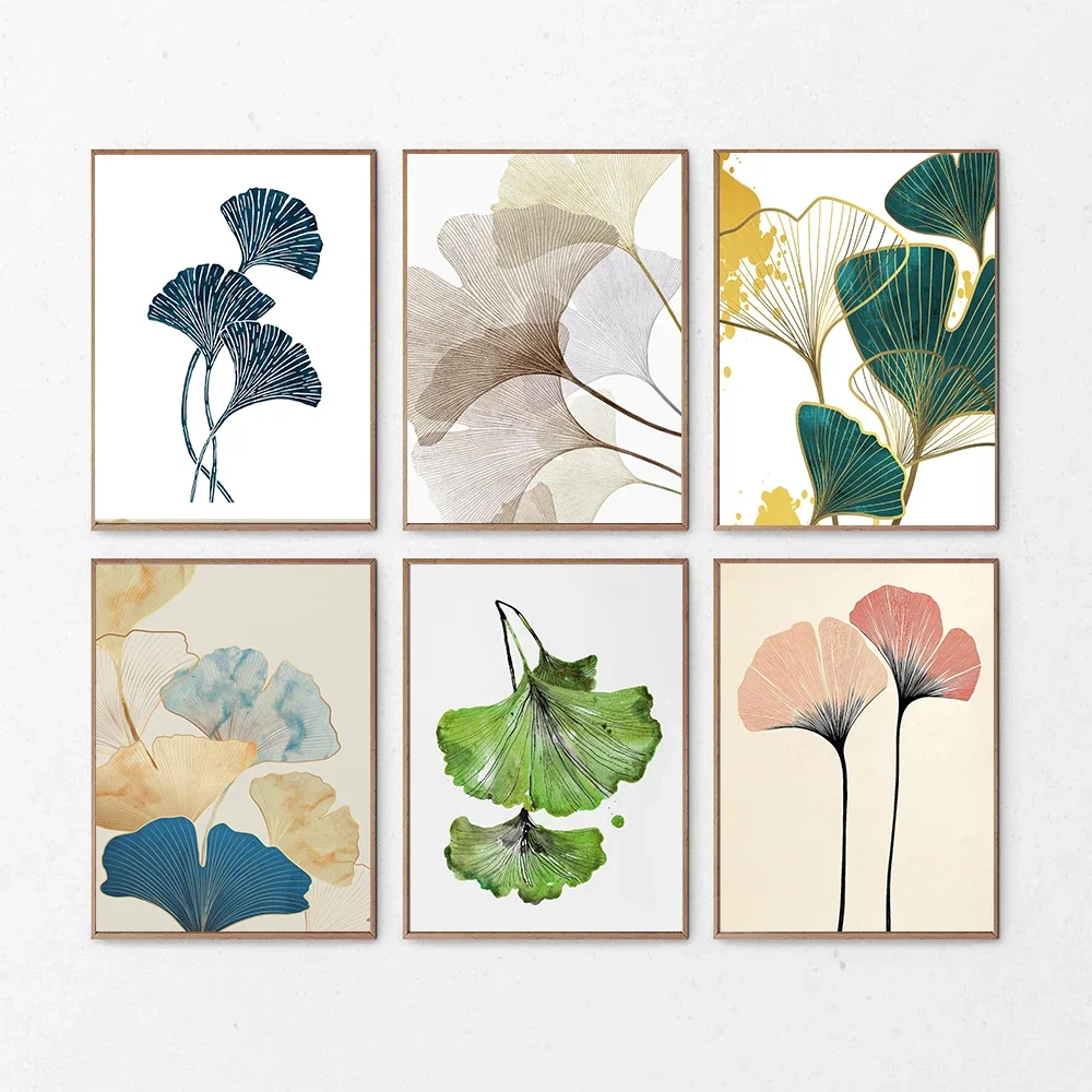 (No frame)Póster moderno minimalista con hojas de Ginkgo Biloba coloridas, imágenes artísticas de pared, pintura en lienzo, d