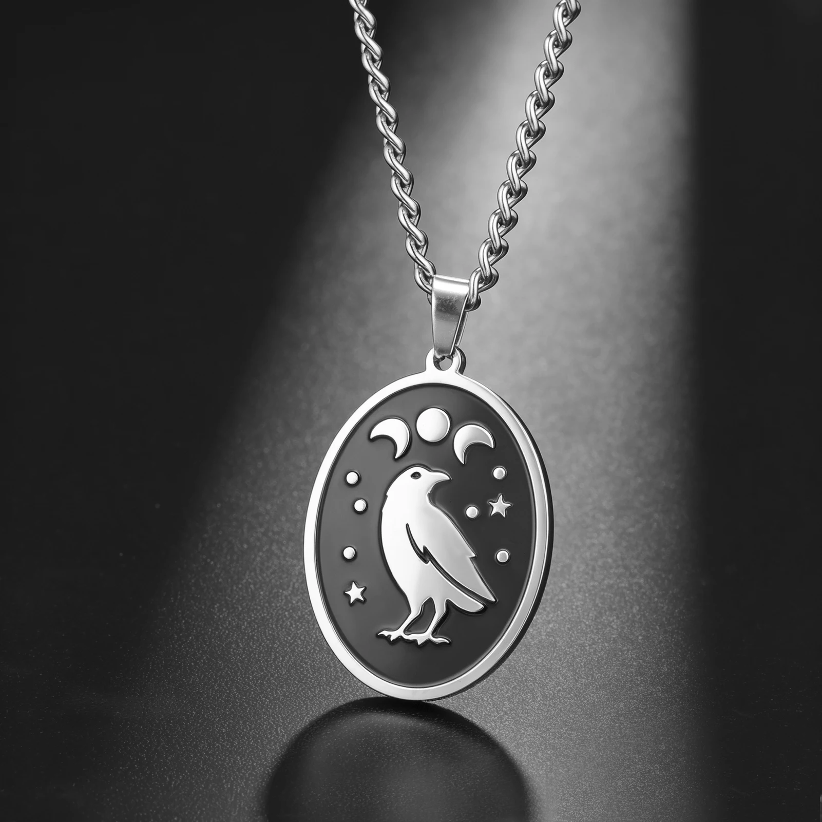 Raven Gothic Witch Crow Moon Star Oval Pendant Necklace Gift for Woman Men Couple Friend Chain Pendant Stainless Steel Jewelry