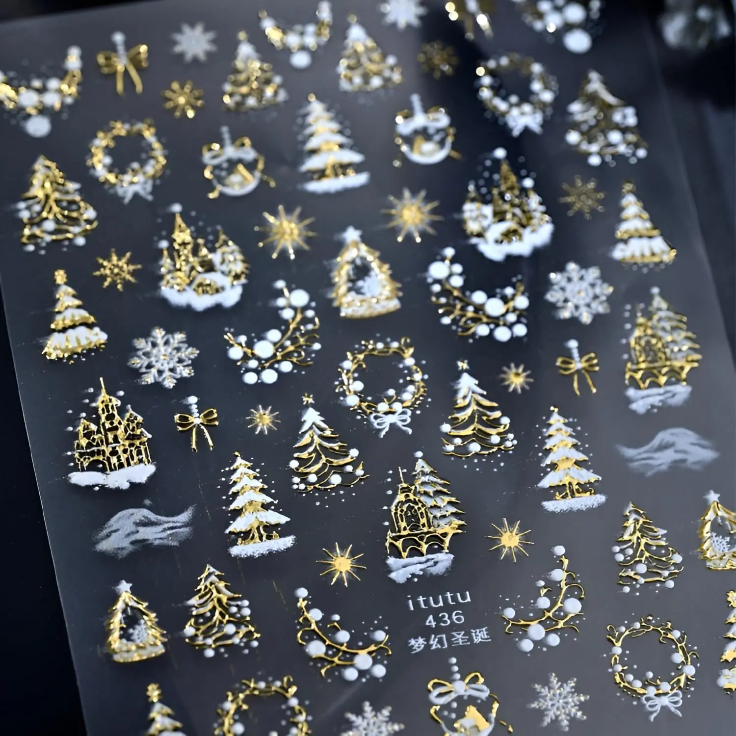 1Pcs 5D Embossed Gold Castle Garland Christmas Tree Nail Stickers Snowflakes Star Nail Decals Self-Adhesive Nail Accessories