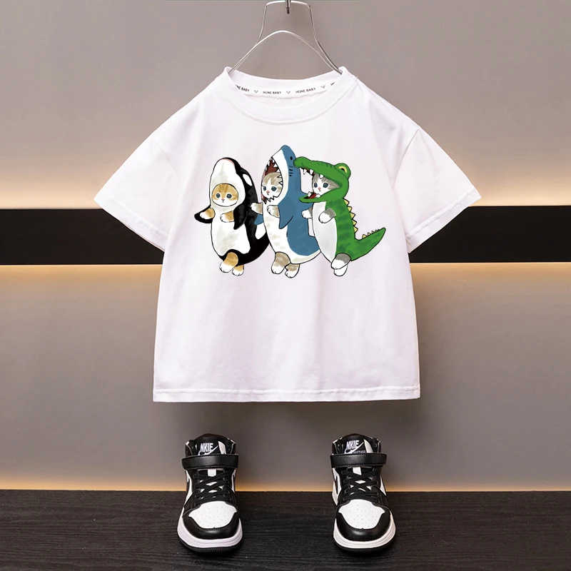 Summer Boys Girls Cotton T-shirt New Product Dress Up Cat Orange Tees Sweat-absorbing Breathable Cartoon Top Children's Clothes